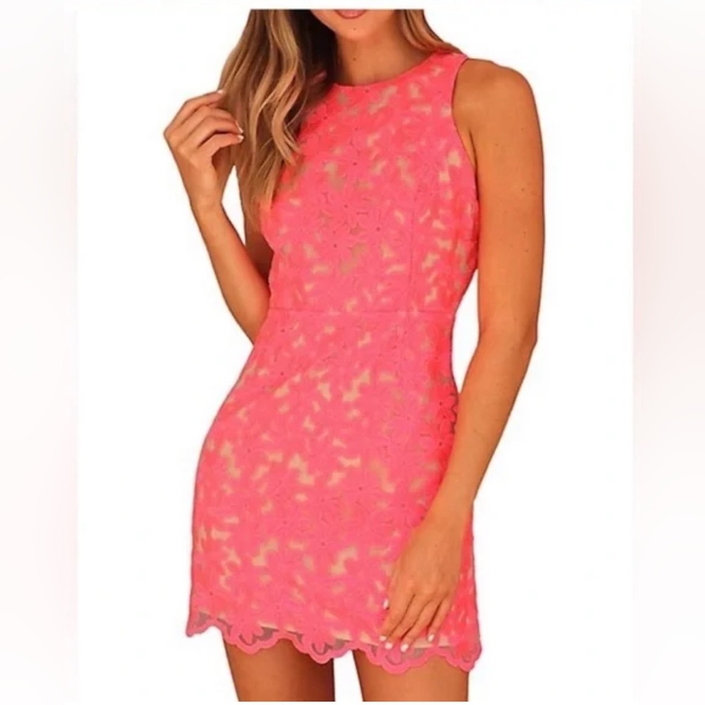 Adelyn Rae Mila Lace Halter Mini Dress Hot Pink Coral neon cut out floral Size S